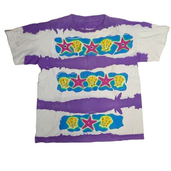 Vintage Tops - VINTAGE 90s tie dye purple beach seashell graphic short sleeve tee shirt XL